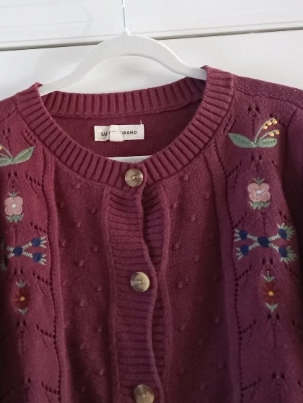 Lucky Brand wine color pointelle knit floral embroidered cardigan sweater